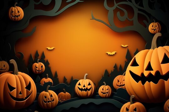 Halloween background for Greeting cards with paper cut style. Generative AI.