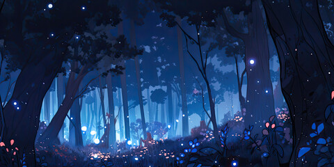 Obraz premium Anime forest at nighttime dark woodland background magical fantasy backdrop ,Generated AI