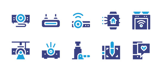 Device icon set. Duotone color. Vector illustration. Containing projector device, device, projector, hydraulic jack, smartwatch, oven, graphic tablet, smartphone.