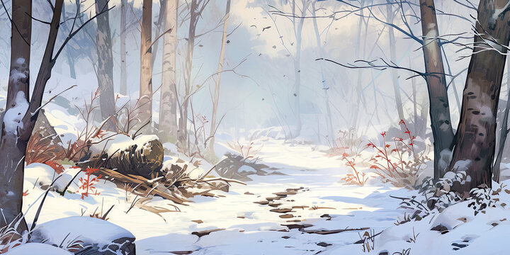 Anime Winter forest background woodland snow backdrop ,Generated AI © dan