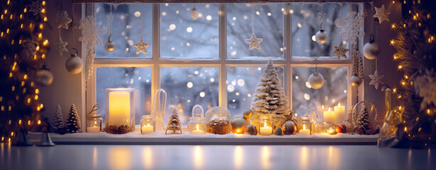 beautiful vintage christmas card. burning candles, Christmas decorations and illuminated garlands by the window on the windowsill overlooking the winter forest, legal AI