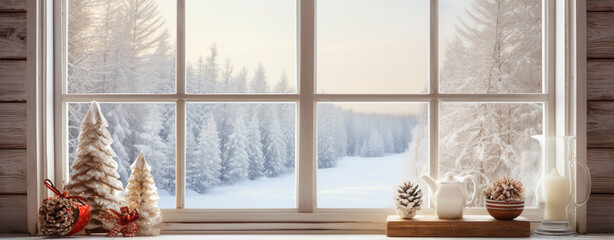 beautiful Christmas card with Christmas tree decorations on the windowsill of a vintage window with a view of the winter and the forest in the morning, legal AI