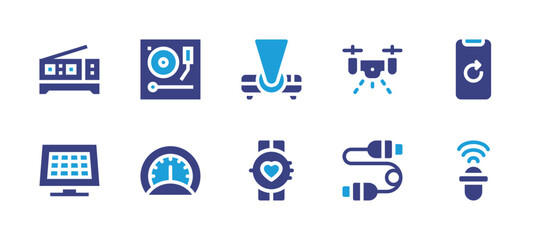 Device icon set. Duotone color. Vector illustration. Containing drone, return, adapter, microphone, digital clock, turntable, solar panel, radio tuner, projector, smart watch.