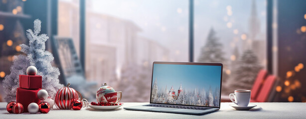 Christmas card. a laptop standing on a table next to Christmas tree decorations against the background of a large window overlooking the winter city, legal AI
