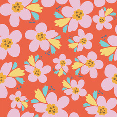 Red with pink flower elements with yellow and green leaves seamless pattern background design.