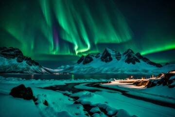 green lights over the snow mountains