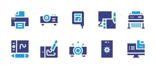 Device icon set. Duotone color. Vector illustration. Containing graphic tablet, settings, paper shredder, data, nitrate tester, projector, printing, tablet.