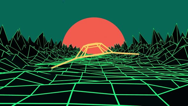 Seamless loop retro 1980s animation with starship silhouette flying through the rocks to the sun. synthwave neon lights landscape. Space base. Background for music video. Video games. Old style