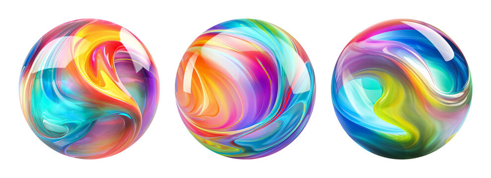 Set of marble balls isolated on white background. Colorful decorative abstract surreal 3D spheres.