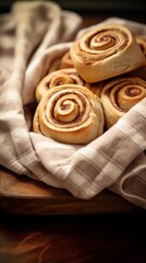 Obraz na płótnie Canvas Freshly baked cinnamon buns close up. Tasty sour topping with light reflection.