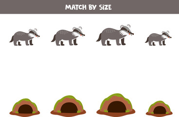 Match cute badgers and burrows by size. Educational logical game for kids.