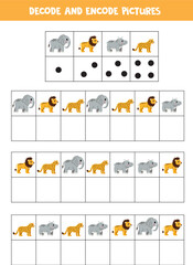 Decode and encode pictures. Logical game with cute African animals.