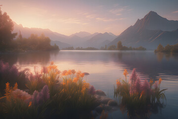 sunrise over lake, Tranquil lake with a sunset, misty mountains in the distance, and vibrant flora in the foreground - obrazy, fototapety, plakaty