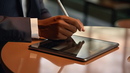 Obraz premium A close-up of a businessperson's hand, pen poised over a digital tablet, emphasizing precision and attention to detail in decision-making
