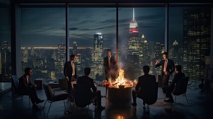 A night shot of a business team burning the midnight oil in a high-rise building, illustrating commitment and dedication