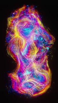 Glowing Colourful Particle And Lines Are Moving And Forming Spheroid On Black Background, 3d Digitally Generated Video 