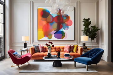 Energetic Living Space Vibrant Living Room is Adorned with a Striking Abstract Art Piece and a Luxurious Plush Velvet Armchair.