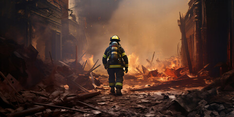firefighter walks through rubble