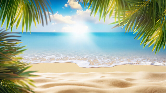 Summer background . Tropical golden beach with rays of sun light and leaf palm. Copy space, summer vacation concept.