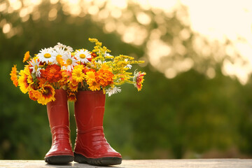 Red rubber boots with flowers bouquet in garden, natural abstract background. symbol of summer end,...