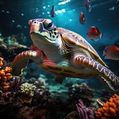 Turtle with group of colorful fish and sea animals with colorful coral underwater in ocean

