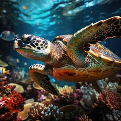 Fototapeta premium Turtle with group of colorful fish and sea animals with colorful coral underwater in ocean
