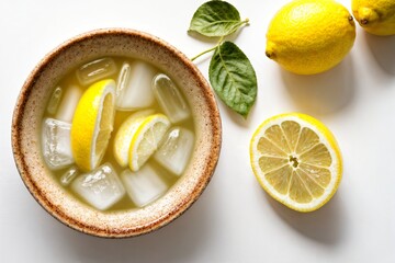 cold homemade lemonade drink with slice of lemon and mint isolated on white background view from top