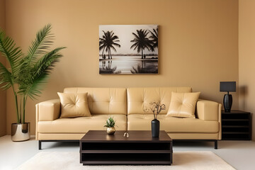 Modern Living Room adorned with a Leather Sofa and Thoughtful Decor, Set Against a Warm Beige Background