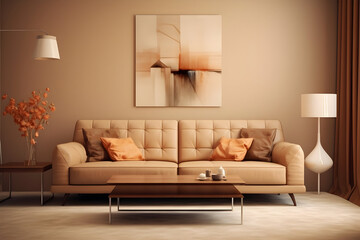 Modern Living Room adorned with a Leather Sofa and Thoughtful Decor, Set Against a Warm Beige Background