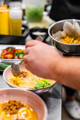 chef cooking Asian noodle soup, ramen with chicken, tofu, vegetables and egg in bowl