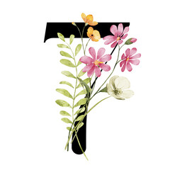Number 7, seven with watercolor flowers hand painting. Perfectly for anniversary, wedding invitation, greeting card, logo, poster and other floral design. Isolated on white background.