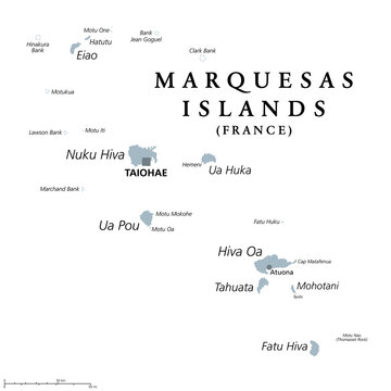 Marquesas Islands gray political map. Group of volcanic islands in French Polynesia. Overseas collectivity of France in the South Pacific Ocean with capital Taiohae on the island of Nuka Hiva. Vector.