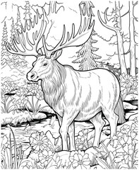 Vector illustration of Moose in the jungle coloring page