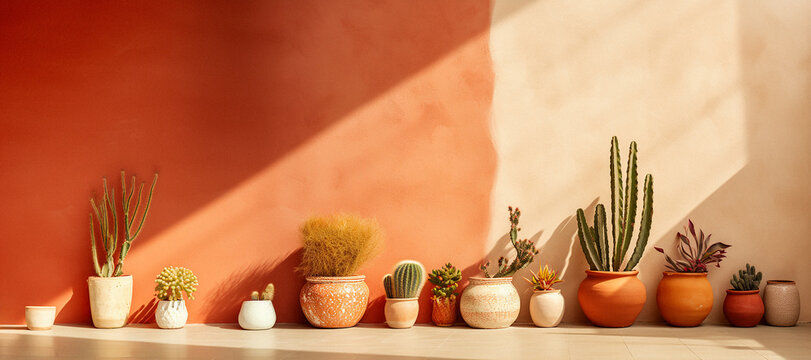 A collection of potted cacti and succulents of different varieties is arranged in a line on a white floor against a peach-colored wall. The pots are of different sizes, shapes, and colors. 
