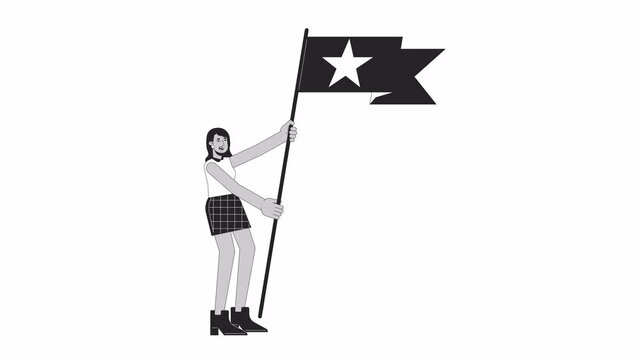 Excited fangirl cheering with flag bw outline 2D character animation. Celebrating victory monochrome linear cartoon 4K video. Happy streetwear fan girl animated person isolated on white background