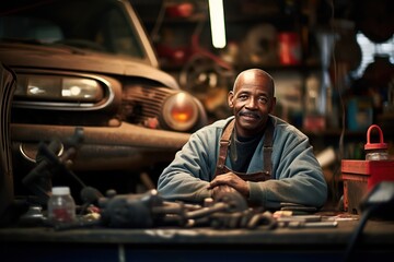 Fototapeta na wymiar Man repairing a car in auto repair shop. Middle aged African American man in his workshop.