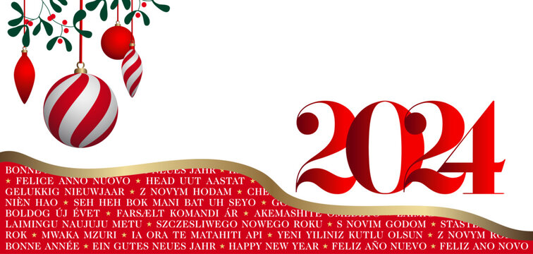 2024 - Carte de v&oelig;ux multilingue pour souhaiter le nouvel an - rouge et blanche, d&eacute;cor&eacute;e de gui et de boules de No&euml;l - traduction : bonne ann&eacute;e.