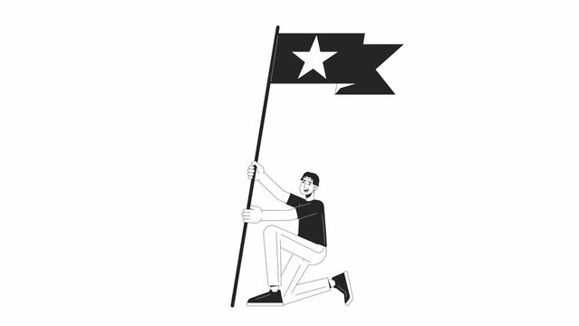 Asian fan boy holding flag with star bw outline 2D character animation. Put flag on peak monochrome linear cartoon 4K video. Korean fanboy cheering animated person isolated on white background