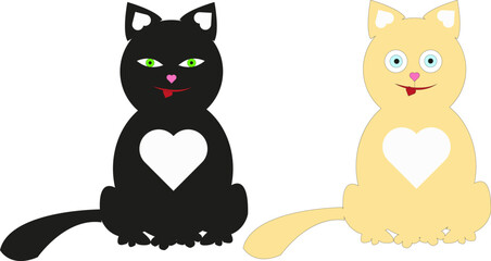 Cute kittens set - black and beige cats with of hearts - cartoon - vector illustration isolated