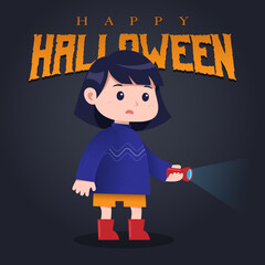 Square Halloween greeting banner with a little girl character carrying a flashlight with a scared face