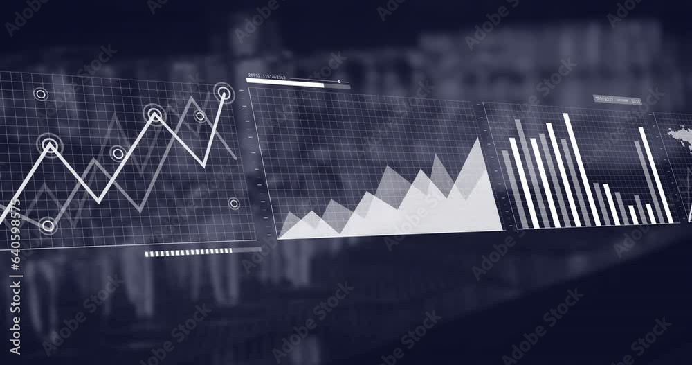 Poster Animation of multiple graphs moving over coffee maker machines in coffee shop