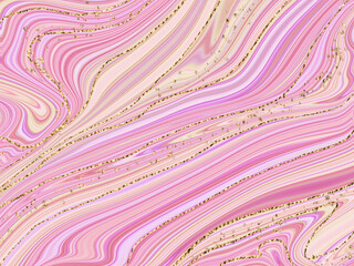 Pink liquid marble canvas painting background with gold glitter splatter.