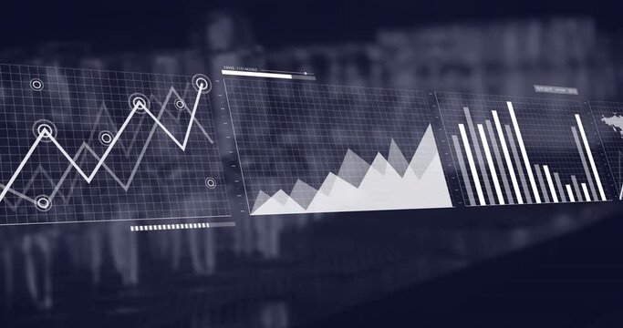 Animation of multiple graphs moving over coffee maker machines in coffee shop