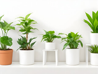 Urban Oasis: Houseplants in Ceramic Pots and Exotic Plants on Sleek White Shelf 