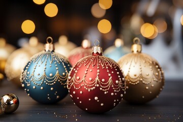 Christmas baubles on a wooden background with bokeh effect. 