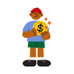 Boy holding coin flat illustration