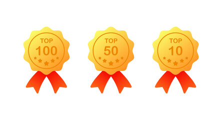 Top medals. Flat, yellow, medal for top 100, 50, 10. Vector icons