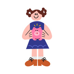 Girl holding piggy bank flat illustration