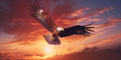 Naklejka premium An eagle flying in the sky at sunset