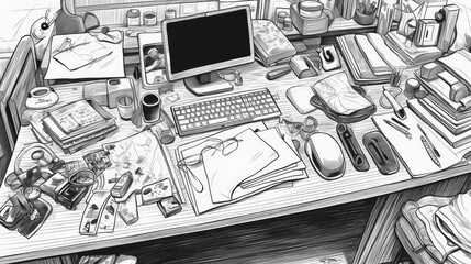 Hand-drawn sketch of students desk with school supplies